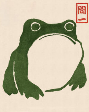 Matsumoto Hoji Frog, frog, toad, Japanese, Japan, Matsumoto Hoji, watercolor, ink painting, sumi-e, minimalist, zen, green, nature, animal, whimsical, folk art, vintage illustration, Asian art, wall art, botanical, cottagecore, simple, quirky, Edo period, traditional Japanese art, amphibian, serene, neutral tones, minimalist decor, Japanese aesthetic, wabi-sabi