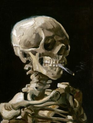 Van Gogh Skeleton with Cigarette, skeleton, skull, Vincent van Gogh, Van Gogh, self portrait, smoking, cigarette, memento mori, dark academia, gothic, macabre, anatomy, bones, oil painting, post impressionism, fine art, vintage art, museum art, moody, eerie, mortality, gothic decor, spooky, Victorian, academic, medical illustration, black background, portrait, vanitas, alternative decor, Halloween, oddities, curiosity cabinet, antique art, classic painting, human skeleton, art history, dramatic, melancholic, tobacco, edgy wall art