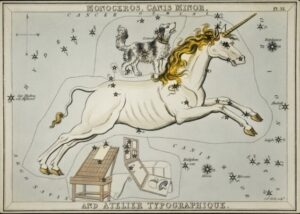Unicorn Constellation Chart, unicorn, monoceros, constellation, star chart, celestial map, astronomy, zodiac, night sky, vintage astronomy, antique illustration, scientific illustration, celestial art, star map, astrological, mythology, mythical creature, fantasy art, unicorn art, vintage print, historical illustration, astronomical chart, constellations, celestial decor, magical, whimsical, curious, Victorian science, antique map, natural history, educational print, museum art, engraving, etching, astronomy lover, stargazing, cosmic, heavenly, vintage scientific art, rare illustration, collector print, old world, folklore, mythological, fantasy decor, celestial wall art, unicorn lover, antique celestial chart, classic illustration, art history, vintage ephemera