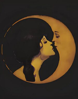 Moon Kiss, moon, crescent moon, woman, female figure, face, profile portrait, celestial, lunar, romantic, dreamlike, fantasy art, vintage illustration, art nouveau, mystical, ethereal, surreal, dark background, night, goddess, moon goddess, feminine, symbolic, magical, occult, witchy, dark academia, poetic, bohemian, celestial decor, astronomy, stargazer, cosmic, dreamy, enchanted, mythology, vintage art, silhouette, gold tones, black and gold, moonlight, romance, spiritual, decorative art, fantasy decor, mystical wall art, celestial wall art, feminine energy, nocturne