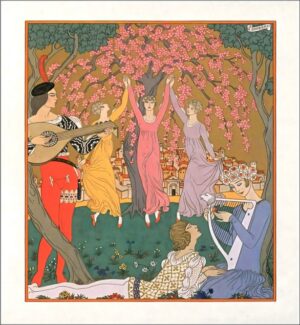 A Renaissance Fair by George Barbier, vanity fair, renfaire, art deco, magazine cover, art deco, geometric, modernism, vintage, graphic design, cubism, typography, smoking, surreal, illustration, bold colors, 1930s, editorial