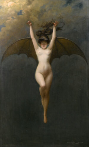 Albert Joseph Penot, bat woman, gothic, vampire, dark fantasy, occult, symbolist, femme fatale, winged woman, macabre, horror, supernatural, antique painting