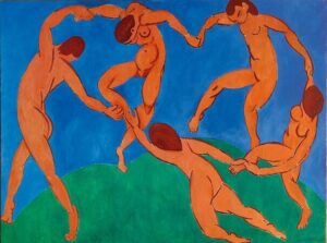 The Dance by Henri Matisse, dance, fauvism, modern art, nude figures, movement, blue, orange, circle dance, iconic, expressive, figurative