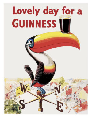 Guinness Toucan, vintage advertisement, toucan, tropical bird, weather vane, bird illustration, wildlife, beer, Irish pub, colorful, whimsical, vintage poster, retro, home bar, pub decor, mid century, nature, animal art, illustration, playful, graphic design, classic advertising