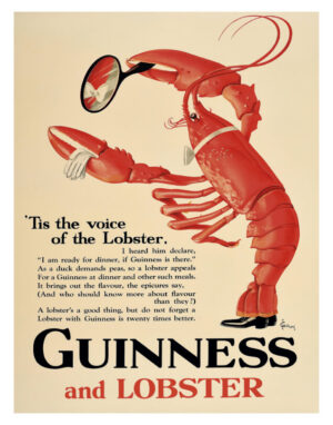 Guinness, vintage advertisement, lobster, waiter, seafood, shellfish, beer, Irish stout, pub, restaurant, coastal, ocean life, marine illustration, whimsical, humorous, vintage poster, retro, dining, food art, bar decor, nautical, classic advertising, illustration