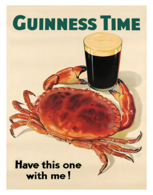 Guinness Time, vintage advertisement, crab, seafood, pint of beer, stout, Irish pub, beer, shellfish, coastal, ocean life, marine life, food illustration, whimsical, vintage poster, pub decor, bar art, nautical, retro, illustration, restaurant decor, seafood lover, bold graphic