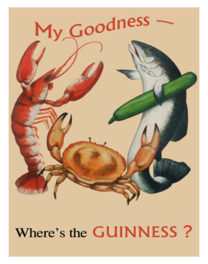 Guinness, vintage advertisement, lobster, crab, fish, seafood, ocean life, marine life, shellfish, wildlife, humorous, whimsical, beer, Irish pub, nautical, coastal decor, restaurant art, vintage poster, retro, food illustration, classic advertising, playful, colorful