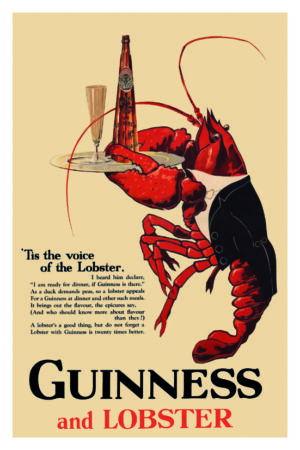 Guinness & Lobster, vintage advertisement, lobster, waiter, seafood, shellfish, beer, Irish stout, pub, restaurant, coastal, ocean life, marine illustration, whimsical, humorous, vintage poster, retro, dining, food art, bar decor, nautical, classic advertising, illustration