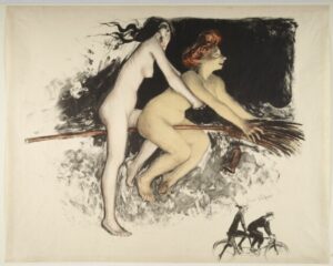 Jean Veber Witches, witches, broomstick, halloween, occult, gothic, flying witches, vintage print, belle epoque, fantasy, dark humor, supernatural, macabre