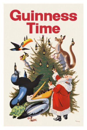 Guinness Christmas, vintage advertisement, Christmas, Santa Claus, Christmas tree, toucan, kangaroo, pelican, turtle, puffin, animals, holiday, festive, beer, Irish pub, wildlife, whimsical, colorful, retro, vintage poster, illustration, mid century, home bar, pub decor, Christmas decor