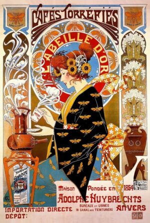 art nouveau, alphonse mucha style, coffee, café, vintage coffee advertisement, belle époque, woman, kimono, bees, floral, botanical, decorative, ornate, european poster, antique advertising, coffee lover, café décor, warm tones, japanese influence, elegant
