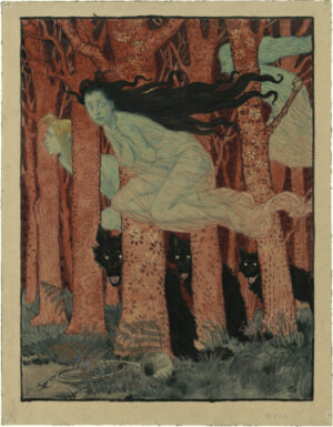 Eugene Grasset, wolves, ghost, haunted forest, art nouveau, gothic, supernatural, spirits, mystical, vintage illustration, fantasy, eerie