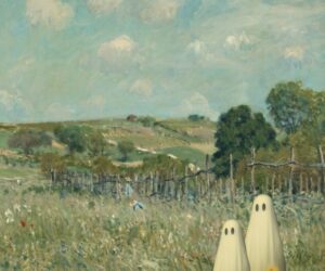 Ghosts in the Meadow, alfred sisley, ghosts, haunted landscape, whimsical, humorous, vintage painting, impressionism, countryside, spooky, paranormal, altered art, surreal, halloween