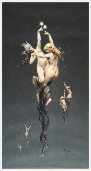 Twin Stars by Luis Ricardo Falero, luis ricardo falero, fantasy, celestial, mythology, nude figures, stars, moonlight, victorian, ethereal, dark academia, symbolism