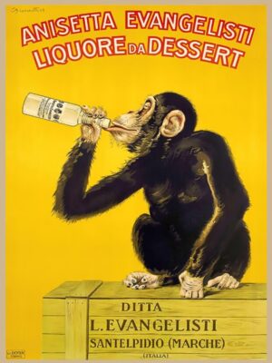 Anisetta Evangelisti Monkey, monkey, chimpanzee, ape, primate, Anisetta Evangelisti, bar art, Carlo Biscaretti, vintage advertisement, vintage poster, Italian poster, Italian advertising, liquor advertisement, anise liqueur, anisette, bottle, drinking monkey, humorous, quirky, whimsical, curious, Belle Époque, vintage illustration, antique print, advertising art, graphic design, yellow poster, Italian art, classic illustration, historical advertisement, collector print, retro advertising, food and drink, bar decor, kitchen art, café decor, restaurant decor, novelty art, conversation piece, playful, charming, animal art, animal lover, vintage decor, poster art, typography, early twentieth century, museum art, wall art, iconic poster, European advertising, antique advertising, nostalgic, unique wall art