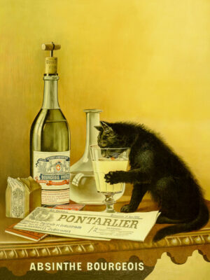 Absinthe Cat, black cat, cat, absinthe, absinthe poster, vintage advertisement, bar art, vintage poster, advertising art, French poster, Belle Époque, Art Nouveau, Bourgeois Absinthe, Pontarlier, liquor, spirit, alcohol, cocktail, green fairy, feline, drinking cat, humorous, quirky, whimsical, curious, vintage illustration, antique print, French art, decorative art, café culture, bar decor, kitchen art, restaurant decor, collector print, retro advertising, classic illustration, turn of the century, Paris, France, iconic poster, black cat art, cat lover, vintage decor, graphic design, typography, belle epoque poster, historical advertisement, museum art, wall art, antique advertising, charming, playful, conversation piece