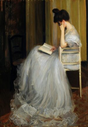 The Reader by Jacques-Émile Blanche, The Reader in White, reading, woman, book, interior, white dress, quiet, contemplation, impressionism, feminine, vintage painting, library, literature, elegant