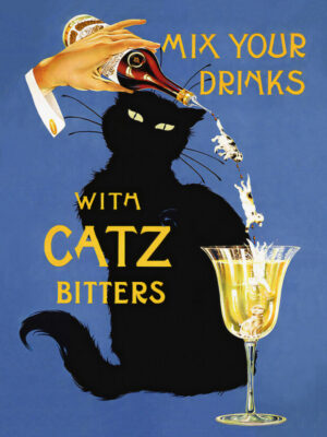 Catz Bitters Black Cat, Catz Bitters, black cat, cat, feline, vintage advertisement, vintage poster, advertising art, liquor advertisement, bitters, cocktail, mixology, spirits, drink, bartender, barware, cocktail glass, pouring, vintage illustration, graphic design, Art Deco, Art Nouveau, modernist design, bold typography, blue background, whimsical, curious, playful, humorous, animal art, cat lover, black cat art, retro advertising, bar decor, kitchen art, restaurant decor, café decor, beverage art, collector print, poster art, wall art, decorative art, vintage decor, iconic advertising, conversation piece, antique advertising, European advertising, classic graphic design, nostalgic, feline illustration
