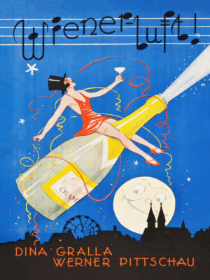 Wiener Luft, Vienna Air, Dina Gralla, Werner Pittschau, vintage movie poster, film poster, silent film, German cinema, vintage advertisement, vintage poster, Art Deco, graphic design, modernist design, woman, female figure, champagne, champagne bottle, sparkling wine, celebration, moon, city skyline, Ferris wheel, confetti, musical notes, cocktail glass, glamorous, festive, roaring twenties, 1920s, vintage illustration, antique print, poster art, retro design, collector print, theater, cinema history, European art, wall art, decorative art, iconic poster, museum art, classic graphic design, entertainment, nightlife, whimsical, elegant, party, celebration art, vintage decor, blue background, champagne lover