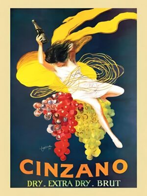 Cinzano Fairy, Cinzano, Leonetto Cappiello, Cappiello, Italian advertisement, bar art, vintage advertisement, vintage poster, advertising art, Art Deco, Art Nouveau, modernist design, graphic design, fairy, winged woman, female figure, portrait, grapes, vineyard, wine, champagne, sparkling wine, brut, extra dry, bottle, celebration, harvest, vineyard art, fruit, whimsical, elegant, flowing fabric, vintage illustration, antique print, poster art, retro advertising, bar decor, kitchen art, restaurant decor, café decor, beverage art, collector print, museum art, wall art, European advertising, Belle Époque, decorative art, vintage decor, iconic poster, famous poster, colorful, classic graphic design, wine lover, festive, grape harvest