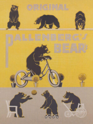 Pallenberg's Bears, circus bears, vintage poster, bear, bicycle, roller skates, performing animals, whimsical, humorous, retro advertisement, yellow, black, vintage illustration, playful, quirky, graphic design