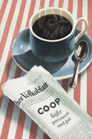 Art Deco Coffee And Newspaper Still Life, coffee, coffee cup, newspaper, breakfast, café, still life, art deco, vintage, modernist, german, typography, tabletop, spoon, steaming coffee, illustration