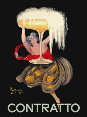 Contratto Champagne, Contratto, Leonetto Cappiello, Cappiello, bar art, Italian advertisement, vintage advertisement, vintage poster, advertising art, Art Deco, Art Nouveau, modernist design, graphic design, champagne, sparkling wine, wine, celebration, champagne coupe, overflowing champagne, woman, female figure, portrait, elegant woman, flowing dress, glamour, festive, luxury, bottle, cocktail, aperitif, vintage illustration, antique print, poster art, retro advertising, bar decor, kitchen art, restaurant decor, café decor, beverage art, collector print, museum art, wall art, European advertising, Belle Époque, decorative art, vintage decor, iconic poster, famous poster, classic graphic design, sophisticated, celebratory, champagne lover, wine lover