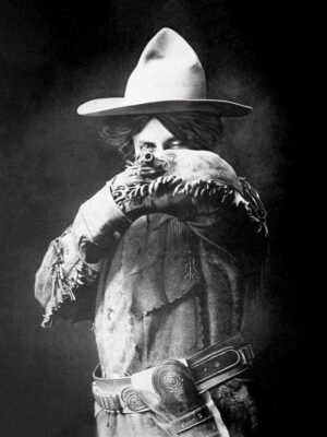 Cowgirl Aiming Rifle Portrait, cowgirl, rifle, cowboy hat, western, vintage photograph, black and white, americana, frontier, gunslinger, portrait, old west, dramatic, cowboy, ranch