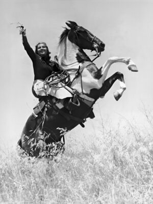 Cowgirl Rearing Horse Photograph, cowgirl, horse, western, rodeo, horseback riding, lasso, vintage photograph, black and white, equestrian, americana, ranch, action, cowboy, frontier