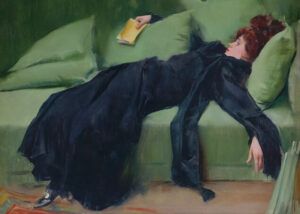 Decadent Young Woman by Ramon Casas, woman, reclining, green sofa, reading, book, interior, portrait, red hair, black dress, fine art, vintage painting, quiet, domestic