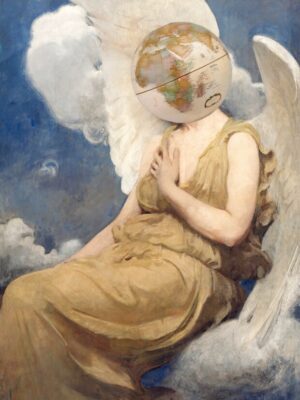 The World on Her Shoulders, angel, globe, earth, wings, surreal, collage, celestial, world, contemporary, fantasy, dreamlike, symbolic, figurative, modern art