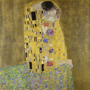 The Kiss Gustav Klimt, art nouveau, lovers, kiss, romantic, illustration, decorative, flowing hair, vintage, portrait, couple, symbolism, elegant