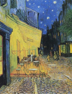 Café Terrace at Night by Vincent van Gogh, cafe terrace at night, van gogh, night, cafe, street scene, cityscape, post impressionism, stars, restaurant, france, most popular, evening, famous painting