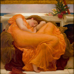 Flaming June by Sir Frederic Leighton, flaming june, sleeping woman, orange dress, pre raphaelite, romantic, classical, rest, beauty, feminine, serene, victorian, masterpiece, romantic