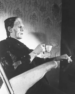 Frankenstein Taking a Break, frankenstein, classic horror, monster, coffee, cigarette, vintage photography, black and white, humorous, movie, halloween, gothic