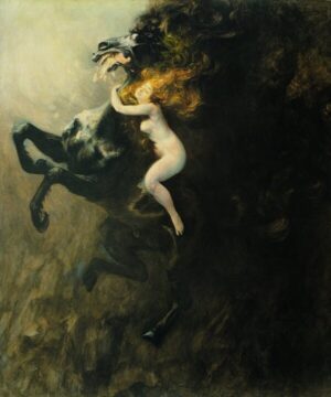 Frenzy of Exultations by Władysław Podkowiński, Woman Embracing a Black Horse, nude woman, black horse, surreal, symbolism, mythology, dreamlike, dark art, fantasy, dramatic, romantic, expressionism, striking