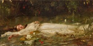 Ophelia by Friedrich Heyser, Floating in the Pond, ophelia, water lilies, pond, flowers, tragic, shakespeare, romantic, pre raphaelite, dark nature, feminine, melancholy, classical