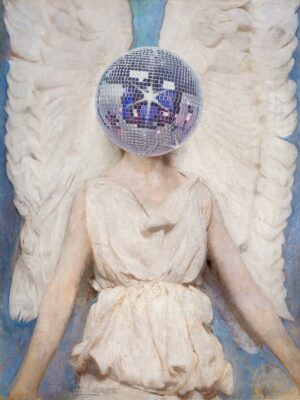 Disco Angel, angel, disco ball, wings, surreal, contemporary, collage, celestial, modern art, ethereal, fantasy, dreamlike, mirror ball, figurative, whimsical