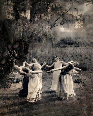 Coven, maypole dancers, vintage photography, women dancing, maypole, ethereal, ghostly, black and white, antique photograph, fine art photography, folklore, dreamy, romantic, historical