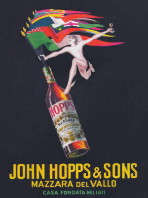 John Hopps & Sons, Hopps Marsala, Marsala wine, vintage advertisement, Italian poster, Mario Bazzi, Art Deco, vintage alcohol advertising, wine bottle, flags, Mercury, Hermes, celebration, champagne, wine, Sicily, Mazara del Vallo, Italy, colorful, graphic design, black background, retro poster, 1920s, home bar, bar decor, vintage illustration