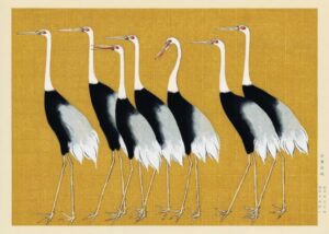 Japanese Red Crowned Cranes, cranes, japanese art, japanese woodblock, birds, red crowned cranes, nature, wildlife, minimalism, gold background, asian art, elegant, ornithology, vintage illustration