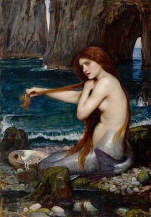 A Mermaid by John William Waterhouse, john william waterhouse, mermaid, pre raphaelite, sea, ocean, red hair, mythology, siren, figurative, romantic, fantasy, water, coast