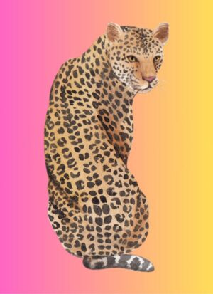 Colorful Leopard Portrait, leopard, big cat, wildlife, safari, jungle, animal, feline, spots, colorful, pink background, yellow background, contemporary, pop art, nature