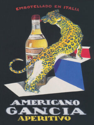 Americano Gancia, Gancia, aperitif, vintage advertisement, Italian poster, leopard, big cat, wildlife, animal art, liquor bottle, cocktail, Art Deco, vintage alcohol advertising, Italy, black background, bold colors, exotic, home bar, retro decor, graphic design, 1920s, vintage illustration, bar cart, feline