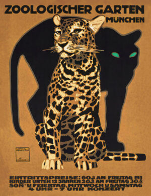 Art Deco Leopard Zoo Poster, leopard, black panther, zoo poster, art deco, wildlife, big cat, animal, vintage poster, german, munich, graphic design, feline, jungle, nature, illustration