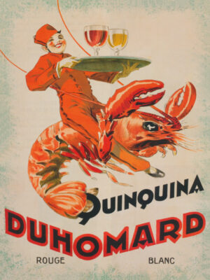 Quinquina Duhomard, Duhomard, quinquina, French poster, vintage advertisement, lobster, shrimp, seafood, waiter, serving tray, wine glasses, Art Deco, vintage alcohol advertising, France, restaurant, whimsical, food illustration, shellfish, coastal decor, home bar, vintage illustration, retro poster, hospitality, colorful
