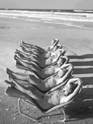 Beach Lounge Chairs, beach, lounge chairs, women, vintage photography, black and white, seaside, summer, vacation, minimalist, retro, travel, relaxation