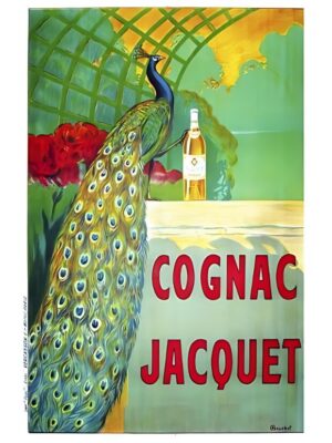 Cognac Jacquet, cognac, peacock, bird, vintage advertisement, French poster, Art Deco, exotic bird, feathers, wildlife, animal art, liquor bottle, elegant, botanical garden, colorful, vintage alcohol advertising, France, home bar, vintage illustration, retro decor, ornamental, nature, graphic design, peacock feathers