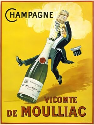 Champagne Vicomte de Moulliac, champagne, vintage advertisement, French poster, popping champagne, celebration, magician, top hat, Art Deco, sparkling wine, festive, vintage alcohol advertising, France, bottle, whimsical, graphic design, home bar, retro decor, vintage illustration, elegant, toast, party, champagne cork