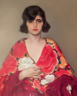Portrait of a Woman by Ramón Casas, woman, portrait, kimono, floral, fashion, elegant, feminine, colorful, modern portrait, red, flowers, figure, contemporary, beauty, illustration